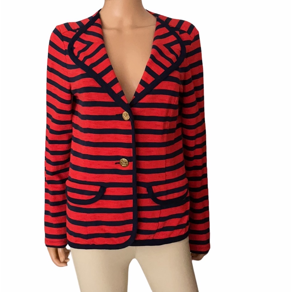 CAbi red blue pinstriped cotton blazer